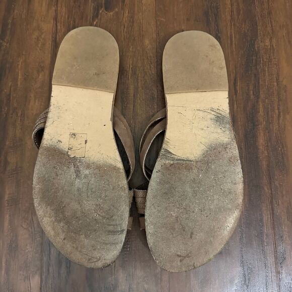 VALIA GABRIEL Sandals Taupe Leather Toe-Ring Flat Slide - Picture 9 of 10